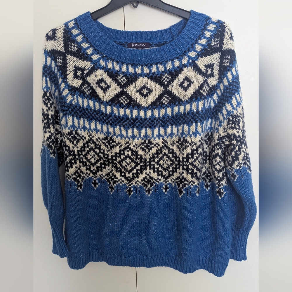 Roaman's Blue and White Knit Sweater